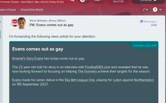 足球经理游戏新特性：同性恋球员会出柜